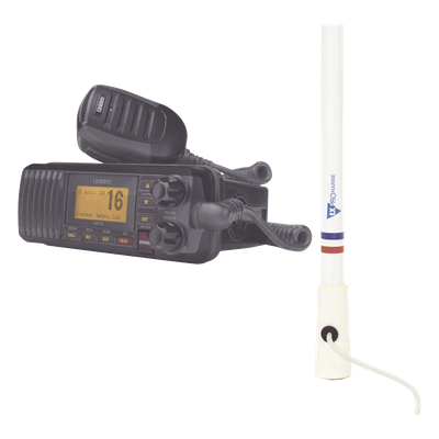 UM-385BK/KIT5206 - Kit de radio VHF marina / 25W / DSC Clase D / Antena fibra de vidrio 2.4 m (7.9 ft) / IPX4