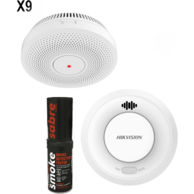 HFS3ERKSABRE - Kit de Detección de Humo / 9 Detectores Interlink + Hub Wi-Fi / Interconectable 30 Dispositivos / Batería 10 Años / Alarma 85 dB / Probador SABRE Incluido / Hik-Connect