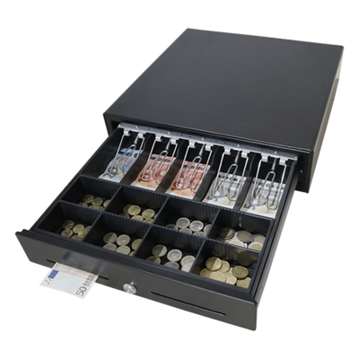 MK410 - Cajón Portamonedas Manual / Push Open / 4-8 Billetes / 5-8 Monedas / Cubierta de Acero / Insertos Ajustables y Extraíbles