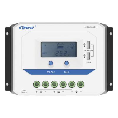 VS6048AU - Controlador de Carga Solar PWM / 60A / Auto 12/24/36/48V / Pantalla LCD / USB Dual 5V 2.4A / Tierra Positivo Común