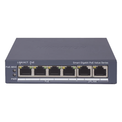 DS-3E1506P-EI/M - Switch PoE+ Administrable / 4 Puertos Gigabit PoE+ / 2 Puertos Uplink Gigabit / Alcance Extendido 300 m (984.3 ft) / 45 W / Gestión en Nube