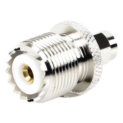 RSA-3457 - Adaptador Coaxial en Línea / SMA Macho a UHF Hembra (SO-239) / Cuerpo Bronce Niquelado / Contacto Oro / Aislante Teflón