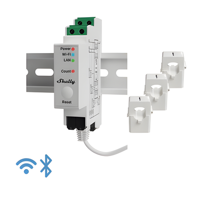 SHELLYPRO3EM - Medidor de Energía Trifásico / Wi-Fi 802.11 b/g/n / Ethernet RJ45 / Riel DIN / 120 A por Fase / Memoria 60 Días