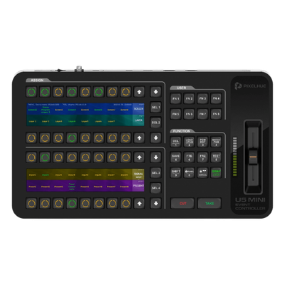 U5MINI - Controlador de Eventos Compacto / Pantalla Táctil 21.5" / Pantalla Inteligente 8" / 87 Botones LCD Programables / 4 Encoders y 8 Faders / HDMI 2.0 / 12G-SDI / Control MIDI y KVM