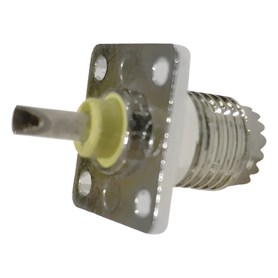 RFU-603-1 - Conector Mini-UHF Hembra / Montaje 4 Perforaciones 13 mm (0.51 in) / Cuerpo Níquel / Contacto Oro / Aislante Baquelita / Soldable