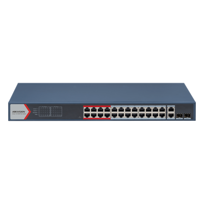 DS3E1326PEI(B) - Switch PoE+ Administrable / 24 Puertos 10/100 Mbps / 2 Puertos Gigabit Combo / 370 W / Alcance Extendido 300 m (984.3 ft) / Protección 6 kV