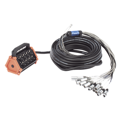 CSBT1204L20M - Stagebox Multipin / 12 Hembras + 4 Machos XLR / Cable 30 m (98.4 ft) / Contactos Plata / 20 A 250 V CA / Carcasa Cromada Perlada