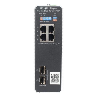 RG-NIS2100-4GT2SFP-HP - Switch Industrial PoE+ / 4 Puertos Gigabit / 1 PoE++ 60W + 3 PoE+ 30W / 2 SFP Uplink / 12 Gbps / -40°C a 75°C / Protección 6 kV