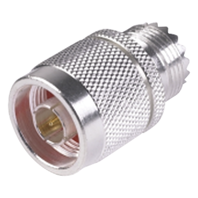 RFN-1035-1 - Adaptador Coaxial en Línea / Conector N Macho a UHF Hembra (SO-239) / Cuerpo Bronce Plateado / Contacto Oro / Aislante Teflón