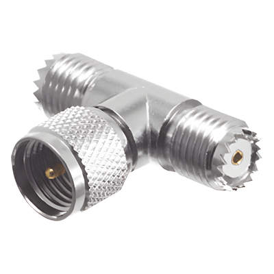 RFU-631 - Adaptador en T de Conector Mini-UHF Macho a Doble Mini-UHF Hembra, Níquel/ Plata/ Teflón.
