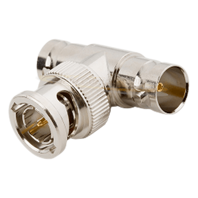 RFB-1130-1 - Adaptador RF en T / BNC Macho a Doble BNC Hembra / 50 Ohm / Cuerpo Troquelado Niquelado / Contacto Oro / Aislante Delrin