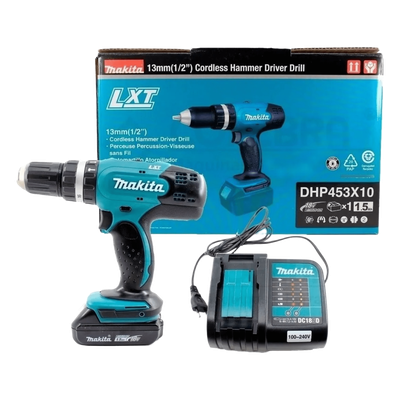 DHP453X10 - Rotomartillo Atornillador / 1/2" / 2 Velocidades / 0-400 y 0-1300 RPM / 42 Nm / 18V Li-Ion 3.0Ah / 2 Baterías / Freno Eléctrico / 2 kg / 0.79 x 0.26 x 0.80 ft