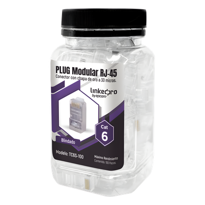 TC6S-100 - Plug Modular RJ45 / Cat6 Blindado / Chapado Oro 30µ / 23AWG / Sin Pin Tierra / 100 Piezas