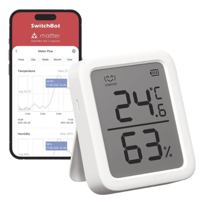 SWITCHBOTMP - Sensor de Temperatura y Humedad / Bluetooth BLE 4.2 / Alcance 120 m (393.7 ft) / Pantalla LCD / Batería 1 Año