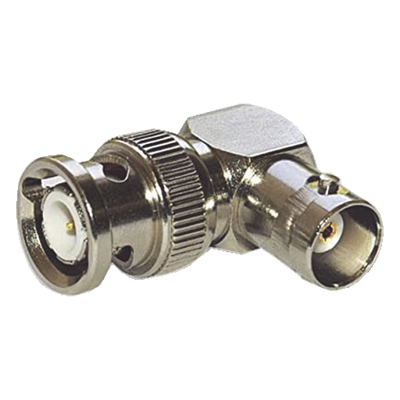 RFB-1732 - Adaptador Coaxial / BNC Macho a BNC Hembra / Ángulo Recto / 75 Ohm / Níquel-Oro-Teflón