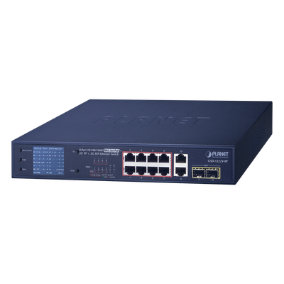 GSD-1222VHP - Switch PoE No Administrable / 8 Puertos Gigabit RJ45 / 2 Uplink Gigabit / 2 SFP / PoE 802.3af/at 32W / Presupuesto 120W / Extender 250 m (820 ft) / Pantalla LCD