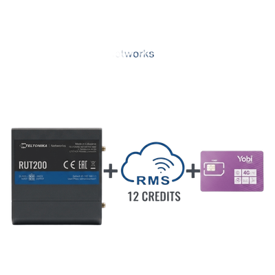 RUT200+1YRMS+1GBYOBI - Router Industrial 4G LTE / Cat 4 150 Mbps / Wi-Fi 2.4 GHz / Operación -40°C a 75°C / Gestión RMS / Kit IoT con Datos Anuales