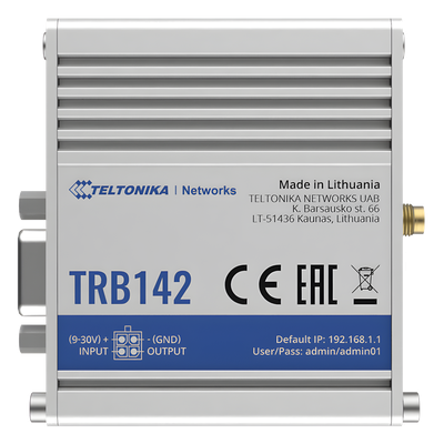 TRB142 - Gateway Industrial LTE Cat 1 / RS232 DB9 / OpenWrt / 9-30 VDC / -40 a 75 °C / DIN Rail