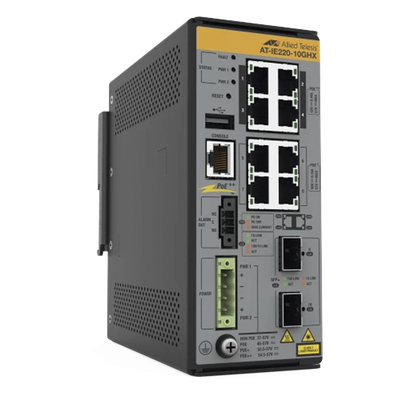 AT-IE220-10GHX-980 - Switch Industrial Ethernet / 8 Puertos PoE++ Gigabit / 2 Puertos SFP+ 10G / Layer 2+ / -40°C a 75°C / Sin Ventilador