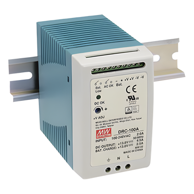 DRC-100-A - Fuente de Poder Riel DIN / 100W / Salida Dual 13.8V CC / Cargador de Batería Integrado / 87% Eficiencia / Convección Natural