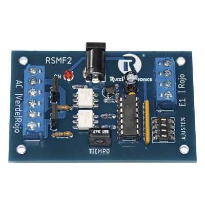 RSMF2R - Tarjeta de Control para Semáforos / Gestión Aleatoria de Estados / Tiempo Ajustable 0.5-10 s / Contacto Seco / 12 VCC 500 mA / Modo Siempre Rojo