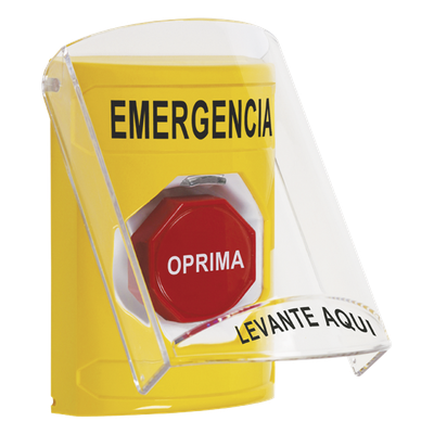 SS22A2EM-ES - Botón Multipropósito / Superficie Amarillo / Tapa Policarbonato / Bocina Pre-Alarma / Llave Restablecer / Texto Emergencia Español / -40°C a 121°C / UL/cUL