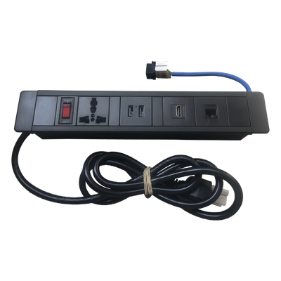 THMC-HUB - Hub para escritorio color negro, con 1 Puerto HDMI Hembra-Hembra, 1 Conector RJ45 Cat6, 2 Puertos USB 5V DC /2 A, y 1 Contacto eléctrico universal (11100-00001)
