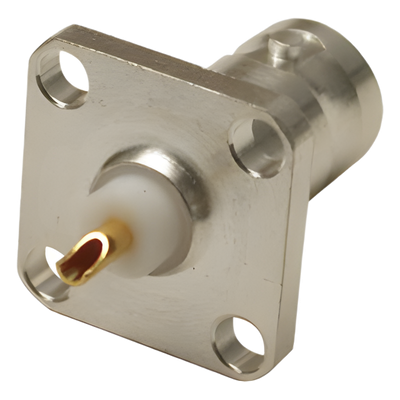RFB-1115-S - Conector BNC Hembra para Chasis / Montaje en Panel 17.53 mm / 4 Perforaciones 12.7 mm (0.5 in) / Impedancia 50 Ohm / Terminación por Soldadura