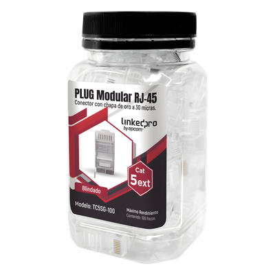 TC5SG-100 - Plug Modular RJ45 Cat5e Blindado / 100 Piezas / Chapado Oro 30μ / Pin Tierra / 24AWG