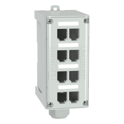 FDME8RG - Panel de Parcheo Modular para Fibra Óptica, de Instalación en Riel DIN Estándar de 35mm, 8 Puertos Mini-Com, Color Gris