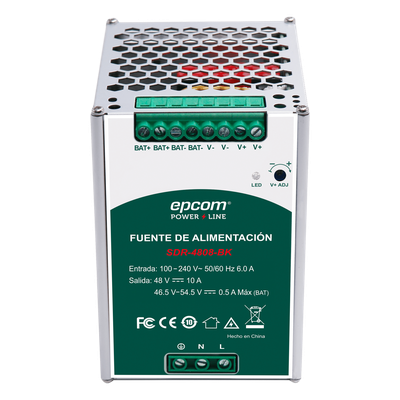SDR4808BK - Fuente de Alimentación Industrial DIN Riel / 480 W / Salida 48 VCC 10 A / Eficiencia ≥93% / Carga de Batería / -20°C a 70°C