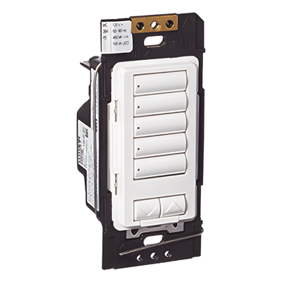 RRDHN5BRLWH - Botonera Híbrida Inalámbrica / 5 Botones Programables / Atenuador Integrado 450 W / RF 431-437 MHz / Instalación 2 Hilos o con Neutro