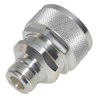 RFD-1671-2 - Adaptador de Conector RF / DIN 7-16 Macho a N Hembra / Montaje en Línea / Cuerpo Bronce Plateado / Aislante Teflón