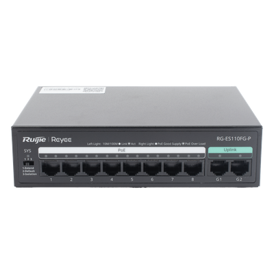 RG-ES110FG-P - Switch PoE+ No Administrable / 8 Puertos PoE+ 10/100 / 2 Uplinks Gigabit / 110 W / Sin Ventilador / Protección 4 kV
