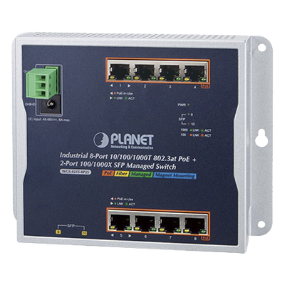 WGS-4215-8P2S - Switch Industrial PoE Administrable de Pared / 8 Puertos Gigabit PoE 802.3at / 2 Puertos SFP 100/1000X / Presupuesto PoE 200W / Alcance hasta 820 pies