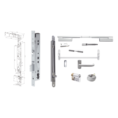 PE460PE920KITSYS245 - Kit de Cerradura Electrificada / Control de Acceso Integrado / Barra Antipánico / Perfil Angosto / Acero Inoxidable