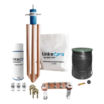 LPGROUND200AKIT - Kit Puesta a Tierra 200A / Electrodo Cobre Electrolítico / Diseño Delta / Filtro Equipotencial / Compuesto 12 kg / Barra Unión + Conectores + Registro