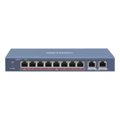 DS-3E0310HP-E - Switch PoE+ / No Administrable / 7 Puertos 10/100 Mbps 802.3 af/at (30 W) / 1 Puerto 10/100 Mbps Hi-PoE (90 W) / 2 Puertos 1000 Mbps Uplink / Modo Extendido hasta 300 Metros / 110 Watts