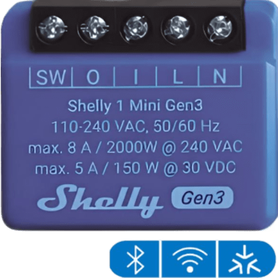 SHELLY1MINIGEN3 - Relé Inteligente Wi-Fi / 1 Canal / Contacto Seco / 8 A / Ultra Compacto 29 x 35 x 16 mm / Compatible con Alexa y Google Assistant