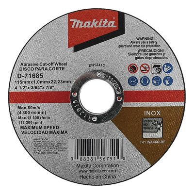 D71685 - Disco de Corte / 4-1/2 pulg (115 mm) / Inox y Acero / Eje 7/8 pulg (22.23 mm) / Velocidad Máxima 4,800 RPM / 80 m/s