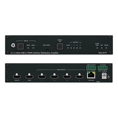 DA3-24-H - Distribuidor y Switcher 2x1:4 | 4K@60Hz 4:4:4 | HDMI 2.0b | HDCP 2.3 | 18Gbps | EDID Inteligente | Escalado Automático | Audio Analógico | RS-232 | Alimentación 20 VDC | Montaje en Rack 1U | 21.46 cm x 16.30 cm x 4.36 cm (8.45 in x 6.