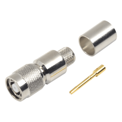 RP-1202-I - Conector Coaxial TNC Macho Inverso / Anillo Plegable / Compatibilidad RG-8/U, LMR-400, CNT-400 / Cuerpo Bronce Niquelado / Contacto Oro / Aislante Teflón