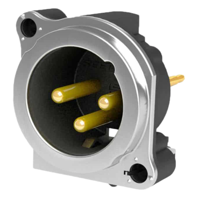 SCADM3-V - Conector XLR Macho / 3 Polos / Montaje Vertical PCB / Carcasa Metálica / Pines Chapados en Oro / Diseño Ultra Compacto