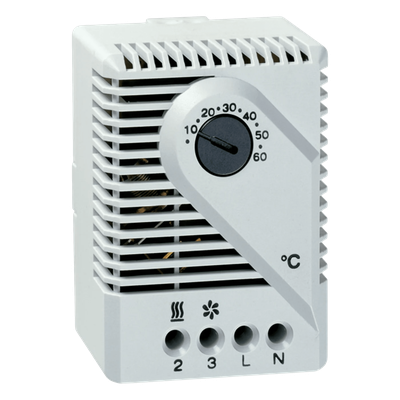 THERM16C - Termostato Mecánico para Gabinetes / 115V AC / Rango 10°C a 60°C / Montaje Riel DIN 35 mm / Contacto Snap-Action / Gris Claro RAL 7035