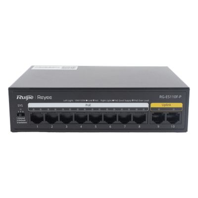 RG-ES110F-P - Switch PoE+ no administrable / 8 puertos PoE+ 10/100 / 2 uplinks 10/100 / 110W total / 2.0 Gbps switching