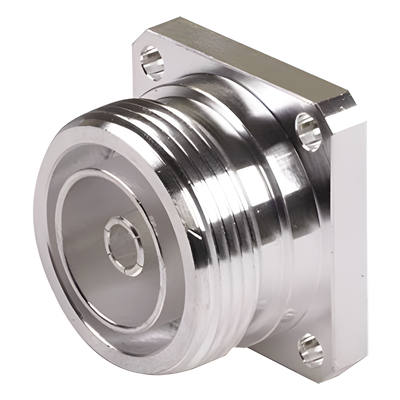 RFD-1640-2 - Conector DIN 7-16 Hembra / Flange 4 Hoyos Panel / Copa Soldable / Cuerpo Bronce-Plata / Dieléctrico Teflón