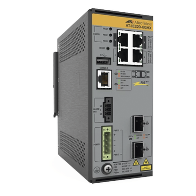 AT-IE220-6GHX-980 - Switch Industrial L2+ / 4 Puertos PoE++ 95W / 2 SFP+ 10G / Sin Ventilador / -40°C a 75°C / UL 2043