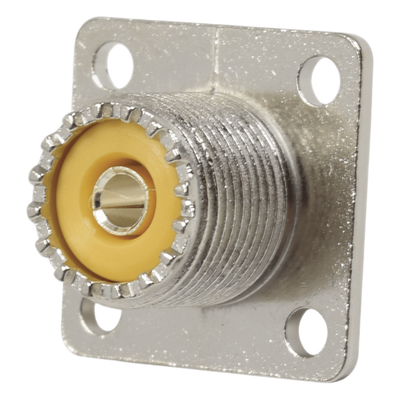 RFU-521 - Conector UHF Hembra (SO-239), para Montaje en Chasis con 4 perforaciones a 18 mm, Terminal Soldable, Níquel/ Plata/ Delrin.
