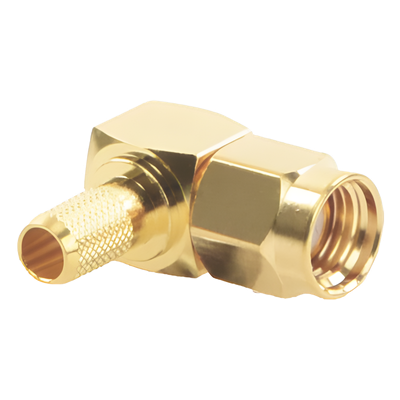 RP-3010-1C1 - Conector SMA Macho Inverso / Ángulo Recto / Anillo Plegable / Cables RG-58/U y RG-142/U / Cuerpo Bronce Oro / Aislante Teflón