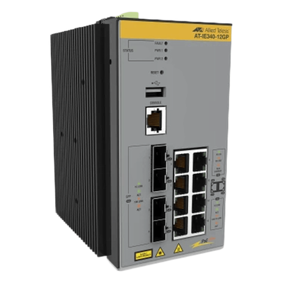 AT-IE340-12GP-80 - Switch Industrial PoE+ Capa 3 / 8 Puertos Gigabit PoE+ / 4 SFP / Recuperación <50 ms / -40°C a 75°C
